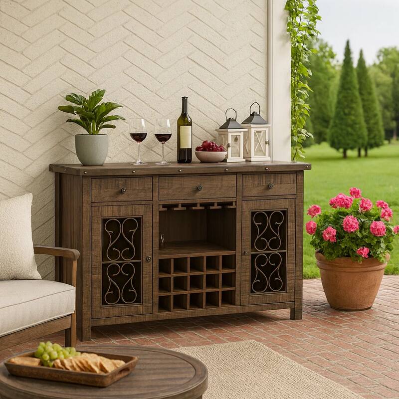 Ral 56 Inch Wood Sideboard Wine Bar Cabinet, Metal Scroll, Rustic Brown