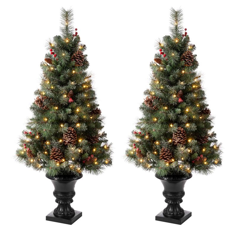 Glitzhome 4/5ft Pre-Lit Snow Flocked Christmas Tree in Pot, Berry Bow Wreath and Garland Set Xmas Decor