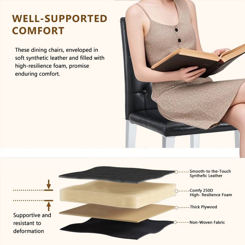 4-piece set of PU Dining Chairs: Ergonomically Designed Buckle Backrest, 35 Inches High, Silver Metal legs