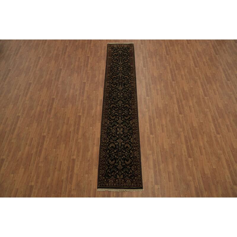 Hand Knotted Oriental 100% Wool Carpet Traditional All-Over Black Agra Runner Rug - 13' 5'' X 2' 5''