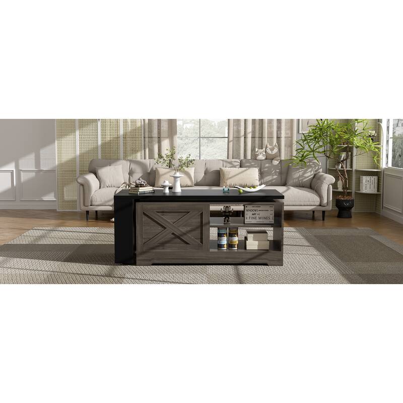 Farmhouse Lift Top Coffee Table With Barn Doors, Wood Rectangle Center Table, With Large Hidden Storage Space