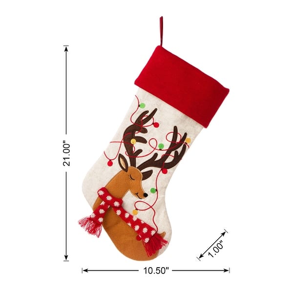 dimension image slide 3 of 4, Glitzhome 21"L LED Embroidered Linen Reindeer Cat Dog Christmas Stockings