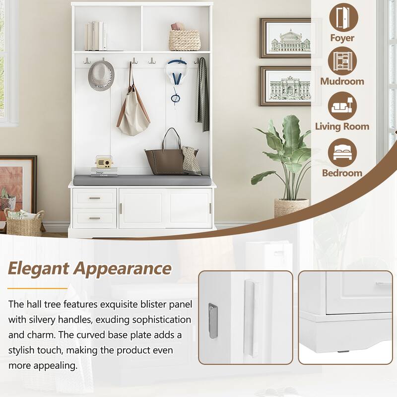 Hall Tree with Sliding Doors, Versatile Coat Rack with 6 Hooks & Handles, Mudroom Upholstered Bench Cabinet w/ Shoe Storag
