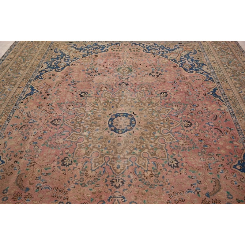 Distressed Mashad Persian Vintage Area Rug Hand-Knotted Wool Carpet - 9'7" x 12'7"