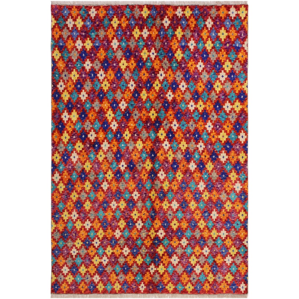 Contemporary Balochi Riley Red/Orange Hand Knotted Wool Rug - 5'1'' x 6'7''
