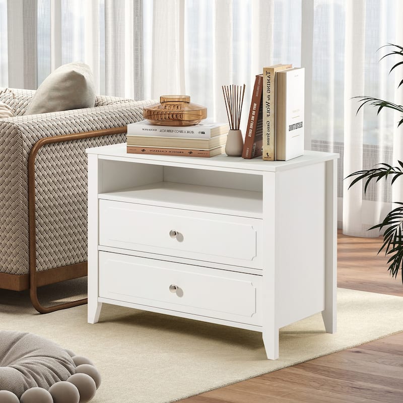 EROMMY Modern Wide Nightstand with 2 Drawers and Open Storage, Bedroom Bedside Table with Solid Wood Legs, Nightstand.