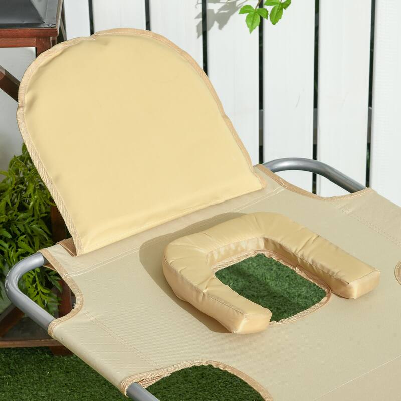 Folding sun loungers with face holes, arm slots and side pockets