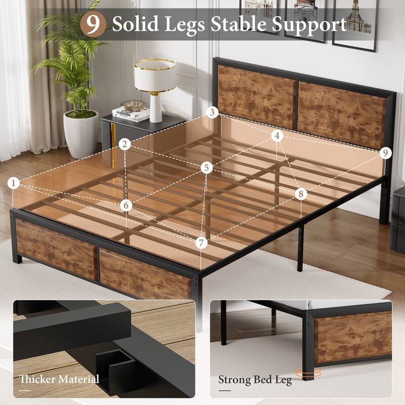 VECELO Platform Bed Frame with Wooden Headboard Heavy Duty Steel Slats Support No Box Spring Needed