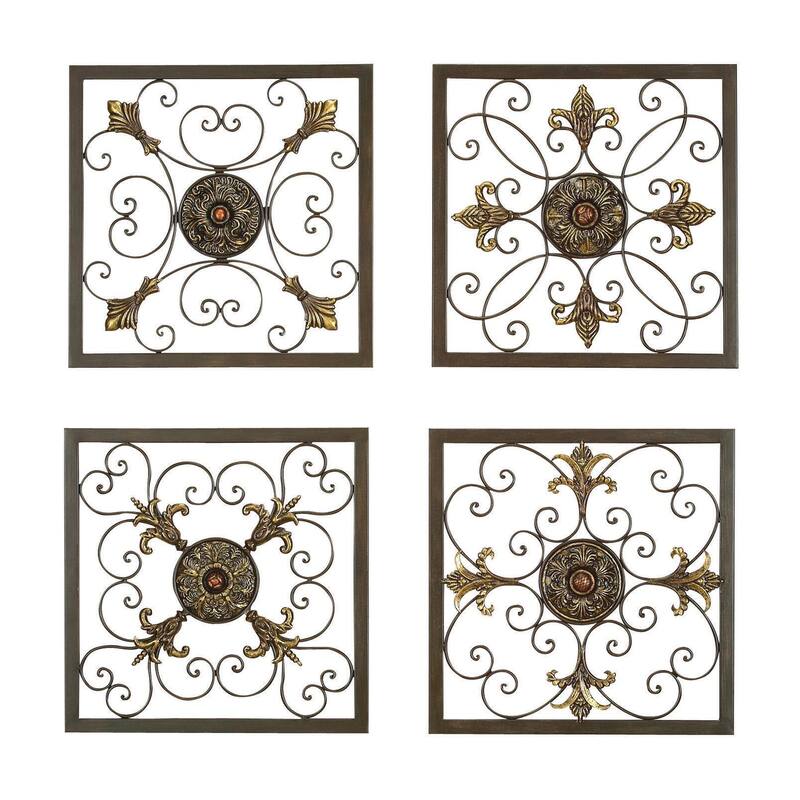 Metal Fleur De Lis Wire Scroll Home Wall Decor with Gold Accents - Set of 4 Brown - Roche River Decor - Brown