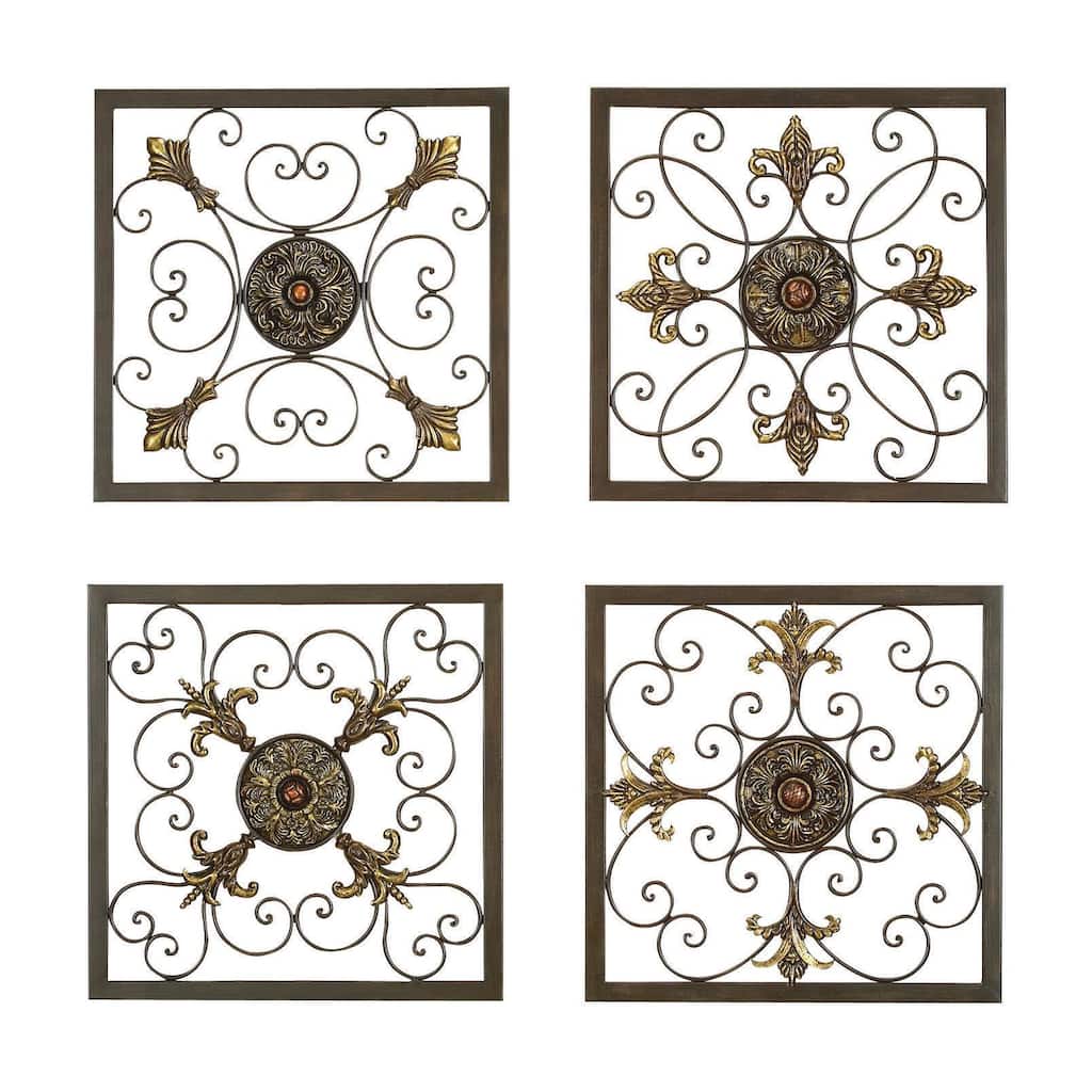 Metal Fleur De Lis Wire Scroll Home Wall Decor with Gold Accents - Set of 4 Brown - Roche River Decor