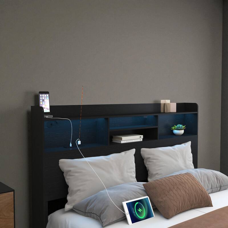 Bed Frame with 4 Storage Drawers, LED Headboard Shelf, Charging Station, No Noise Metal Platform Bed No Box Spring Needed