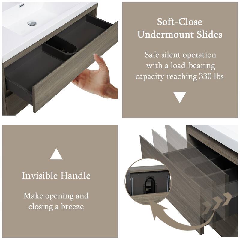 GDFStudio - Ashton Floating Bathroom Vanity with Solid Surface Basin and Soft-Close Storage Drawers