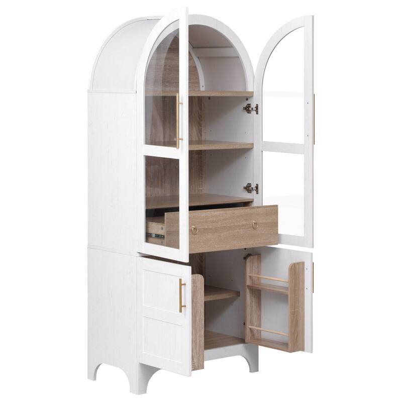 Tall Arched Kitchen Pantry Cabinet with Door Shelves, Open & Adjustable Shelves, Glass Door