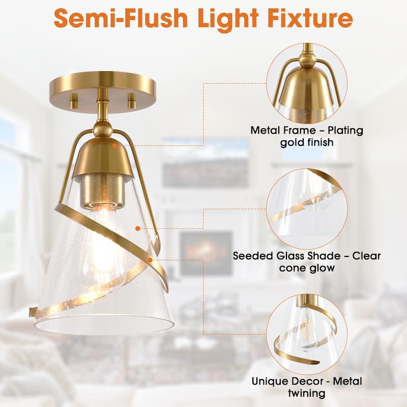 Parrot Uncle 7" Modern Seeded Glass Gold Dimmable Small Semi-Flush Mount Ceiling Light