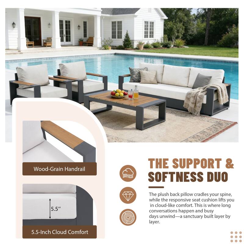 Modern Aluminum Frame Outdoor 3-Seater Sofa with Thick Cushions