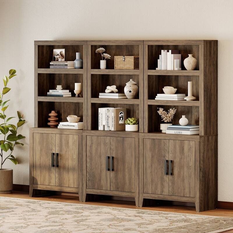 74" Tall Bookshelf with Door, Farmhouse Bookcase with Adjustable Shelf and Storage Cabinet for Living Room, Office - 93" Wide - Brown