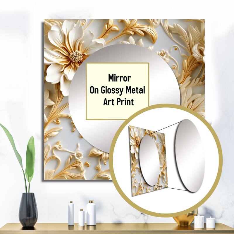 Designart "Gold And White Royal Flower Garden Serenity I" Modern Wall Mirror - Damask Square Printed Mirror For Hallway