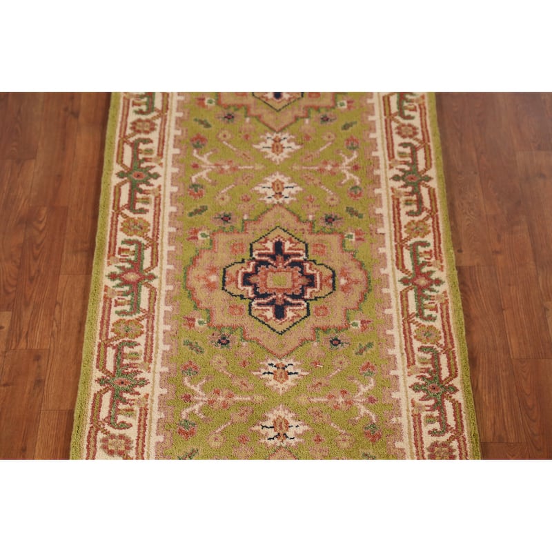 Green Geometric Heriz Serapi Indian Runner Rug Handmade Wool Carpet - 2'6" x 8'1"