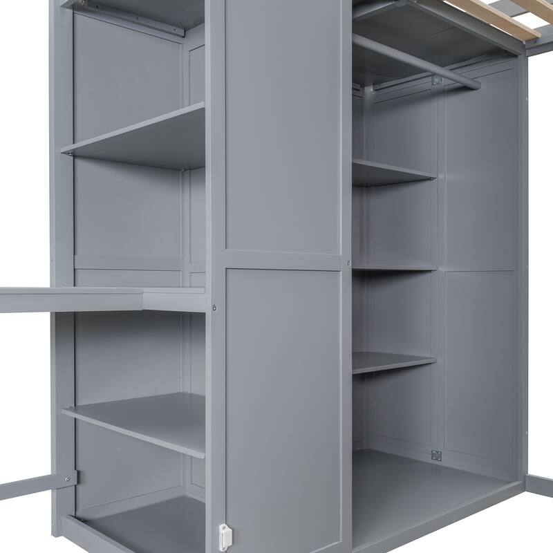 Full Size Loft Bed with Wardrobe & Desk - Space Saving Bed Frame with Built-in Shelves, for Bedroom, Dorm & Small Spaces