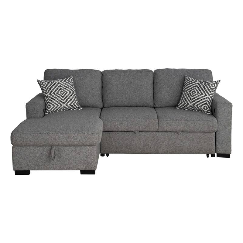 Furniture of America Oswin Modern Grey Pull-Out Sleeper Sofa Sectional with Storage Shelves and USB Ports
