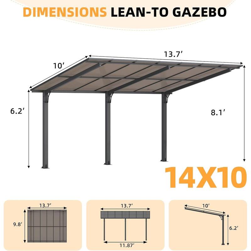 AECOJOY Outdoor Freestanding Gazebo for Patio, Lean to Hard Top Gazebo Carport Shelter Pergolas and Gazebos Clearance with Roof