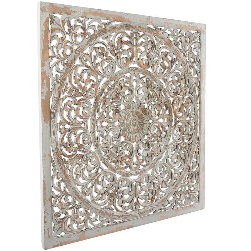 Gray Wooden Handmade Carved Scroll Mandala Floral Home Wall Decor with Brown Distressing