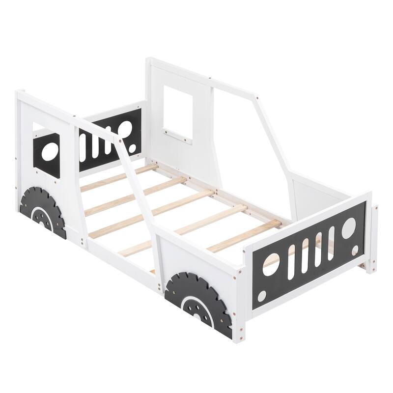 Classic White Twin-Size Car-Shaped Platform Bed with Decorative Wheels