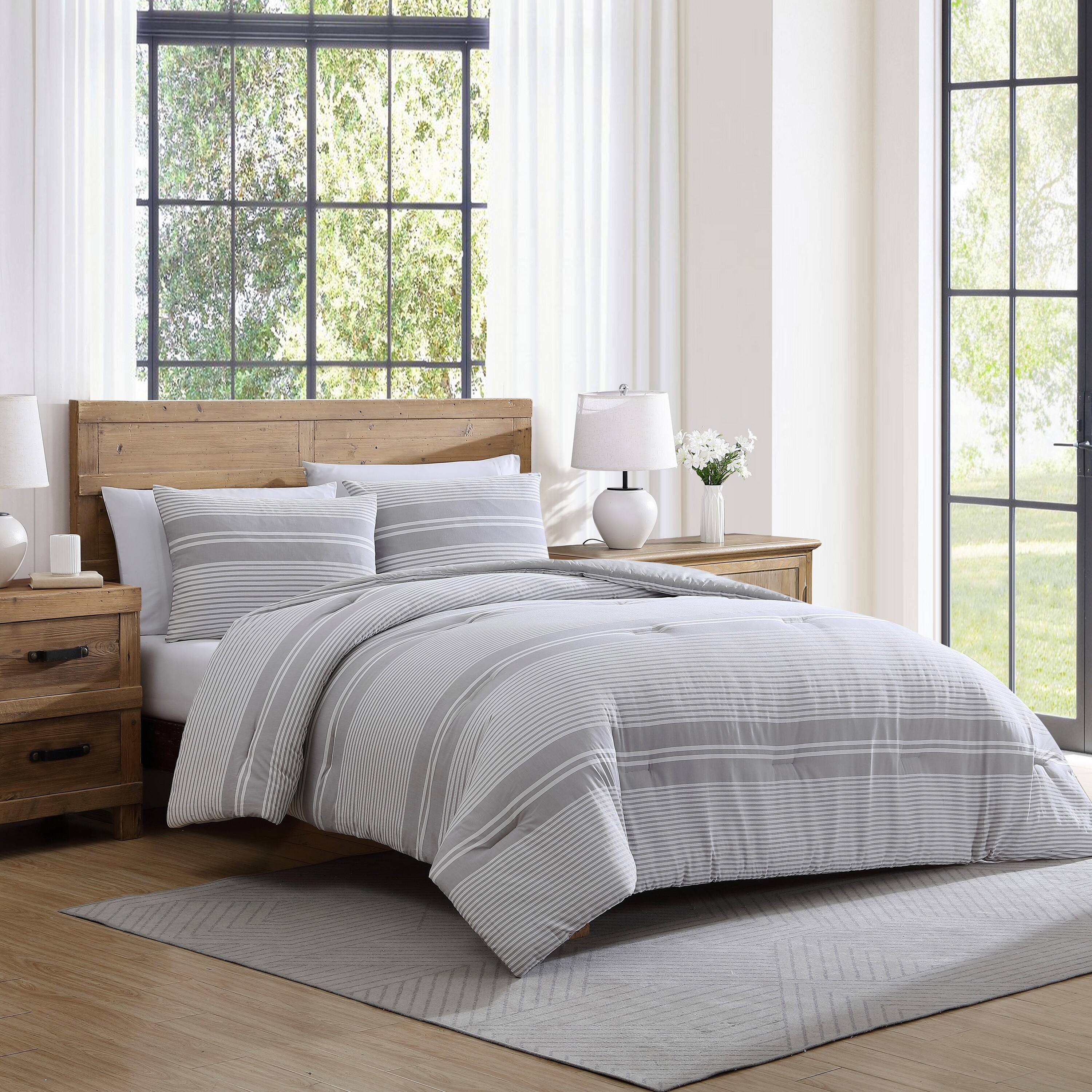 Tahari Home Gwen 3Piece White/Grey Waffle Stripe Cotton Comforter Set