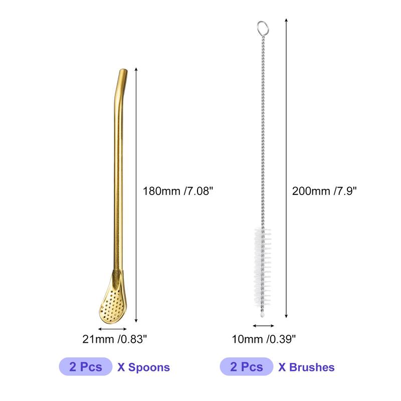 2Pcs 7.1" Stainless Steel Straws Spoons with Filter 2 Cleaning Brushes - Gold