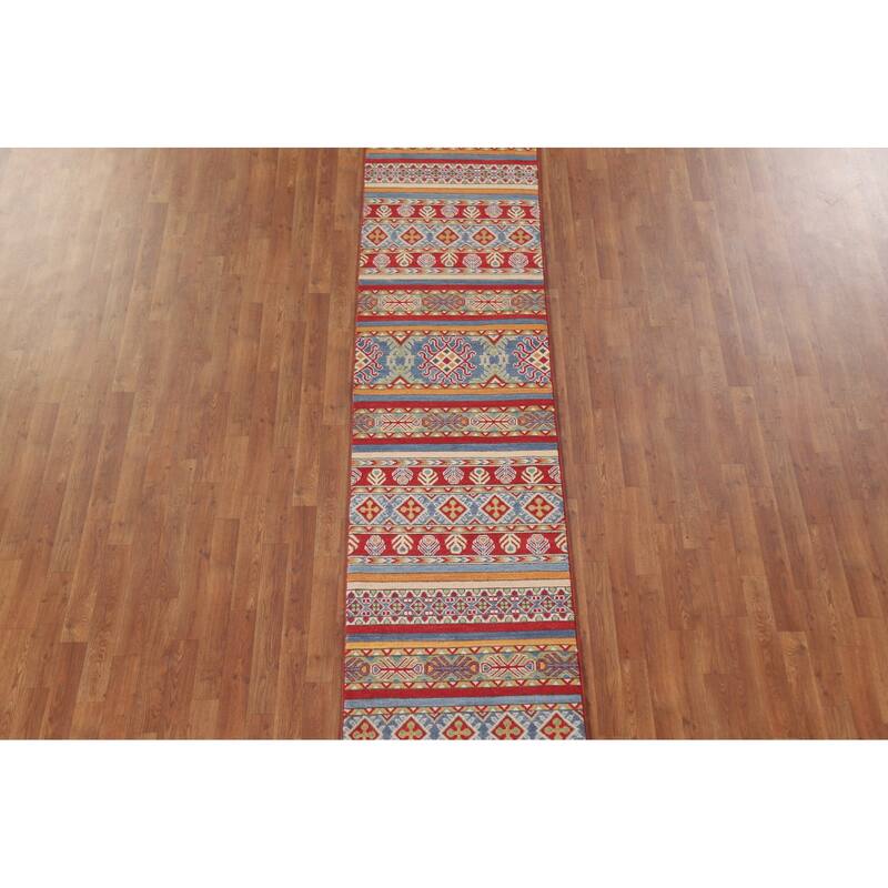 Hand Knotted Oriental 100% Wool Carpet Traditional Geometric Multi-Colored Kazak Runner Rug - 16' 0'' X 2' 5''