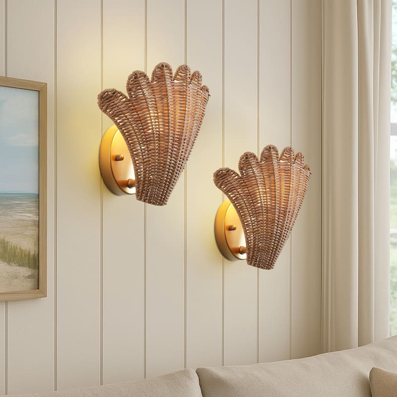 Elodie 11.5" Coastal 1-Light Rattan Scallop Shell LED Wall Sconce, (Set of 2)