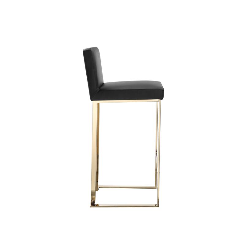 Boly 30 Inch Barstool Chair, Cushioned Black Faux Leather, Gold Cantilever