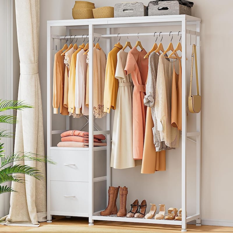Clothes Rack, Closet Organizer with Storage Shelves, Hanging Bar, Drawers - 47.24"L x 15.74"W x 72.83"H - White PU