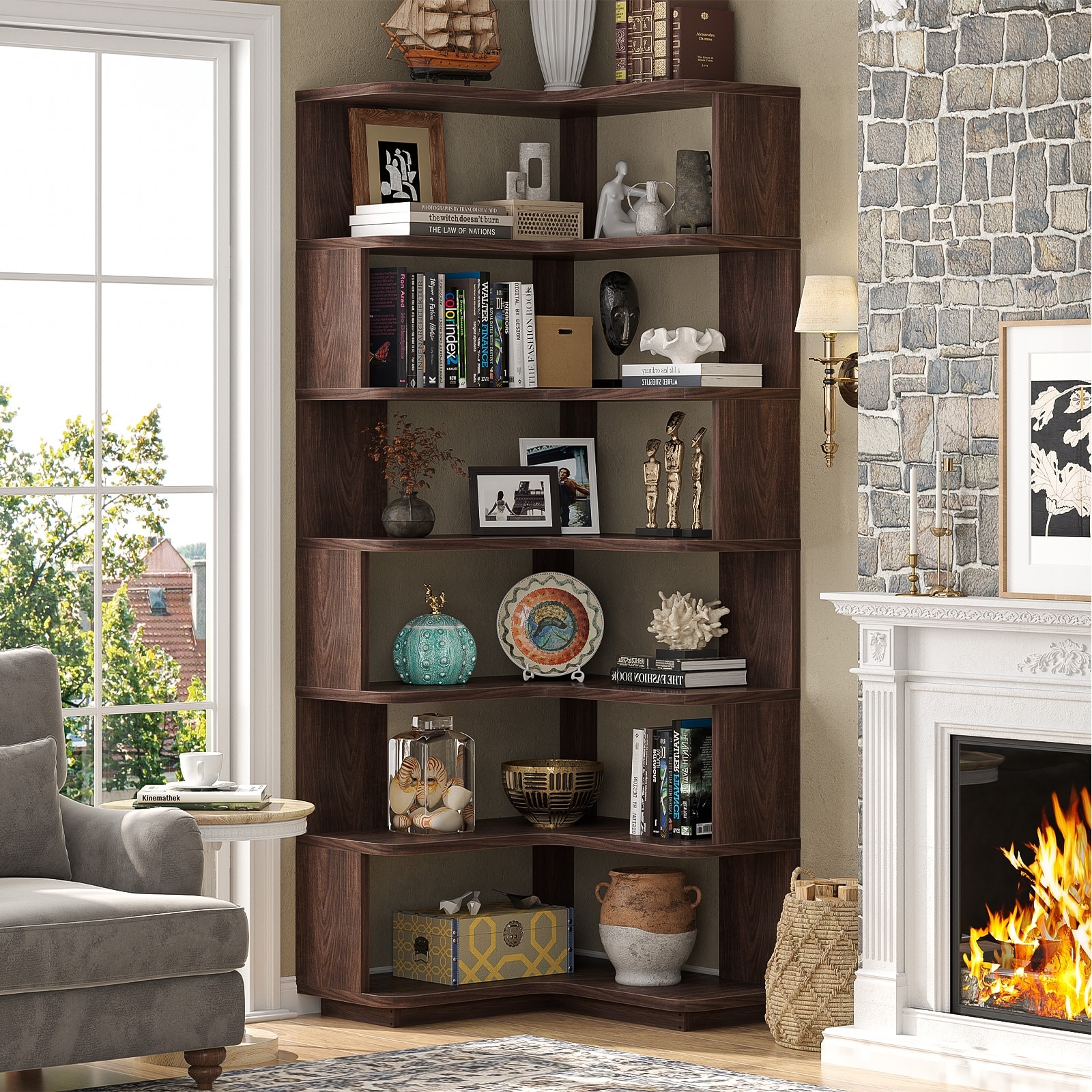 ID097353　本棚 6-Tier Corner Bookcase, Freestanding Display Storage Book Shelf