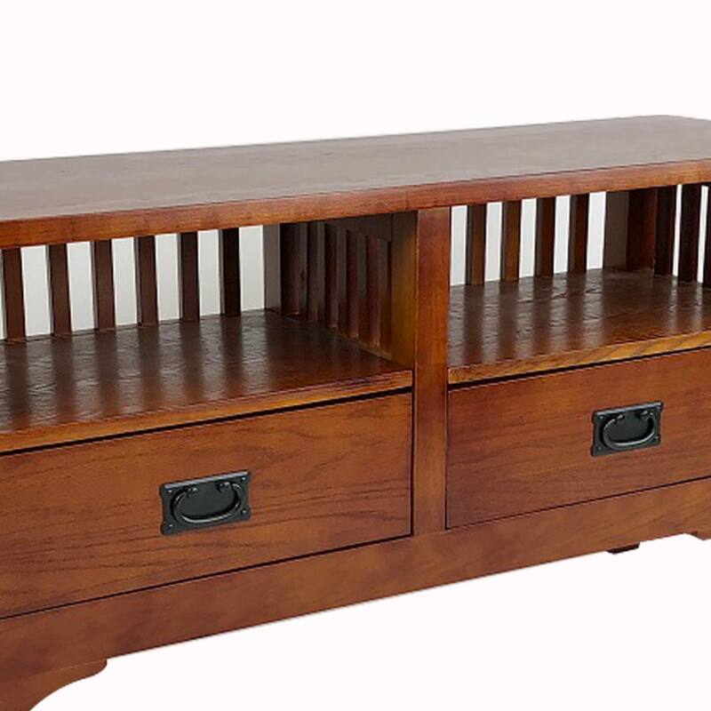 Wooden TV Stand with 2 Open Shelves and Slatted Back, Oak Brown