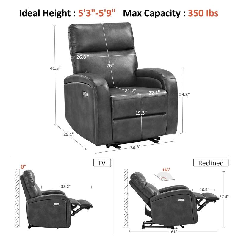 Zero Wall Recliner Chair, Power Recliner with USB & Type-C Dual Charge Ports, for Small Space, Living Room