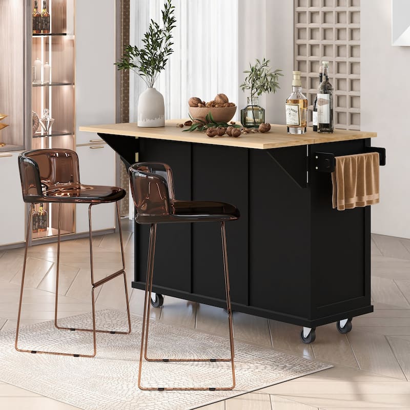 Roomfitters Kitchen Cart with Rubber wood Drop-Leaf Countertop, 5-Wheel Kitchen Island with Storage Cabinet & 3 Drawers