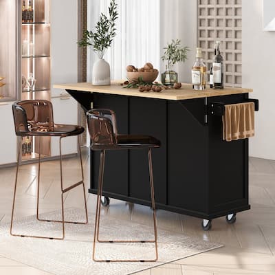Rubber Wood Drop-Leaf Kitchen Cart with Internal Storage Racks and Rolling Casters