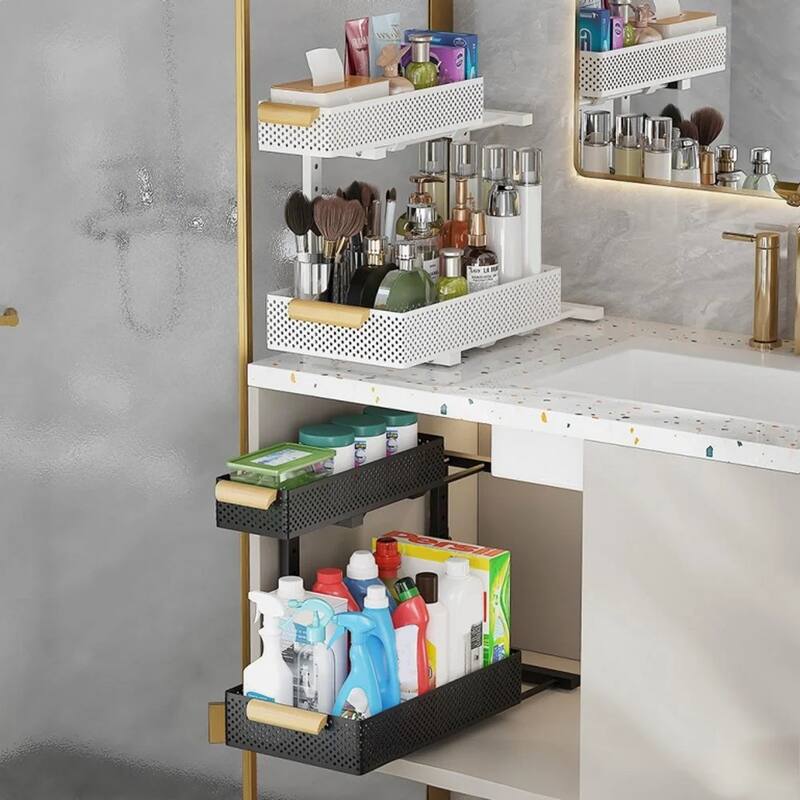 Under Sink Organizer, 2 Packs 2 Tier Under Sink Organizers and Storage, Slide Out Pull Out Cabinet Organizer Shelf