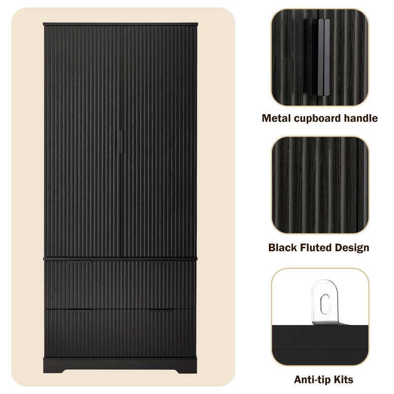 72" Modern Fluted Kitchen Pantry Cabinet with 2 Large Drawers & 8-Door Spice Rack, Freestanding Storage Organizer