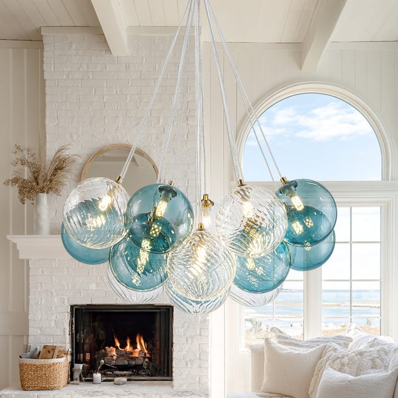 Stylish 16-Light Blue Tone Cluster Glass Bubble Chandelier