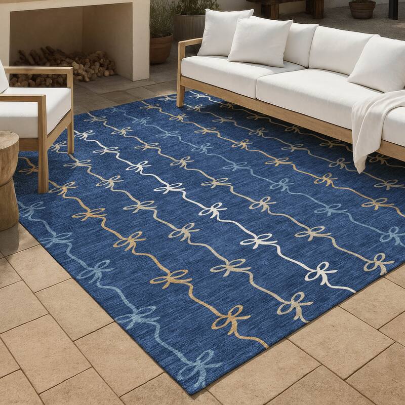 Machine Washable Indoor/ Outdoor Modern Bow Stripe Chantille Rug - Navy - 5' x 7'6"