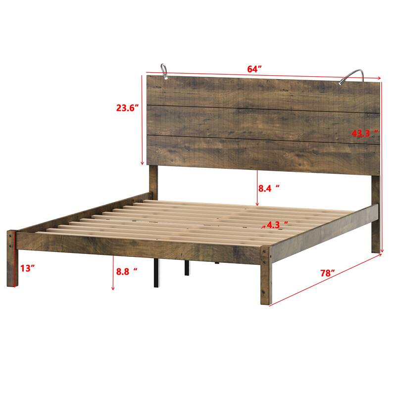 Queen Rustic Wood Platform Bed with Built-In Bedside Lights
