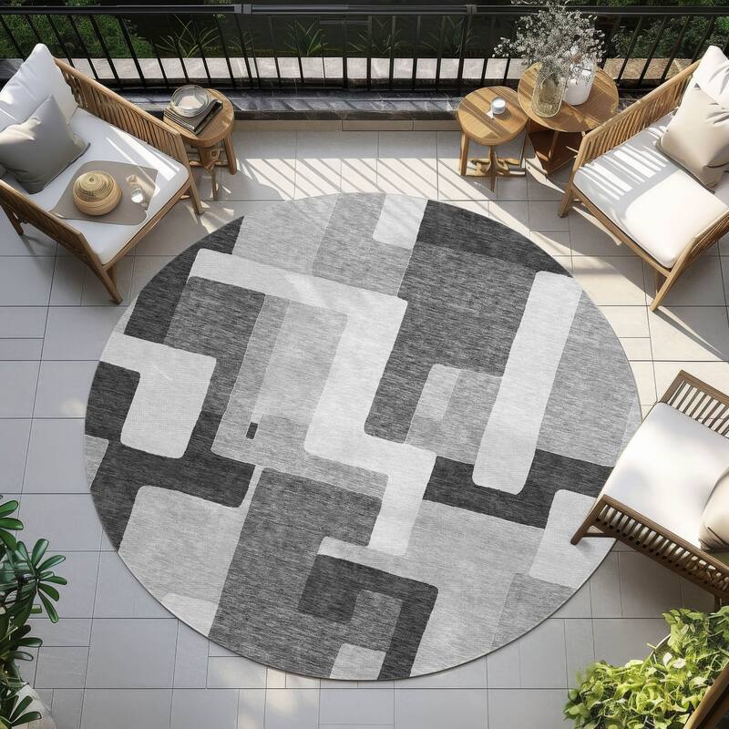 Machine Washable Indoor/ Outdoor Contempoary Blocks Chantille Rug - Silver - 8' x 8'