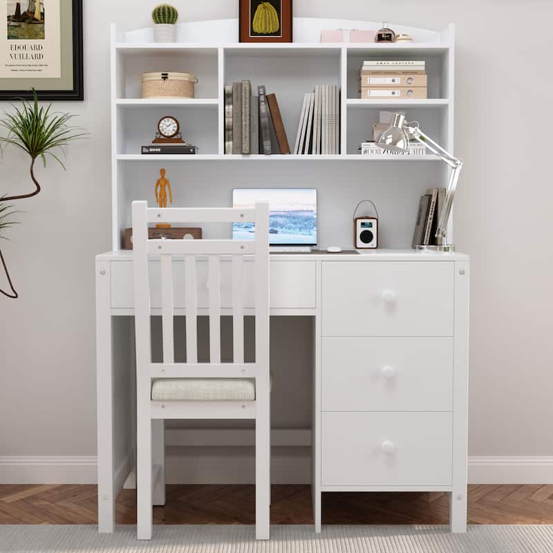 40"Home Executive Desk and Upholstered Chair Set with Bookshelf, Computer Desk with Four Drawers, Storage Shelf, and Chair