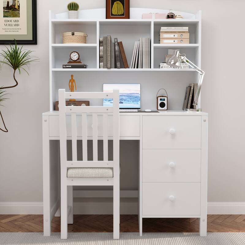 Computer Desk Set with 4 Drawers, Storage Shelf and Chair Writing Desk