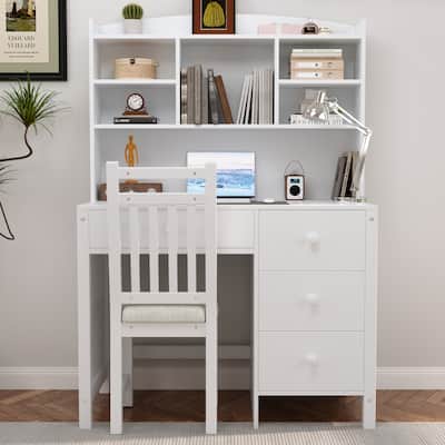 Vintage 40'' Executive Desk and Upholstered Chair Set with Bookshelf – Four-Drawer Computer Desk with Storage Shelf.