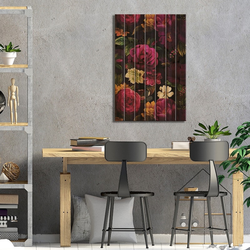 Lush Midnight Baroque Flower Garden X Print On Wood by UtArt - Multi-Color
