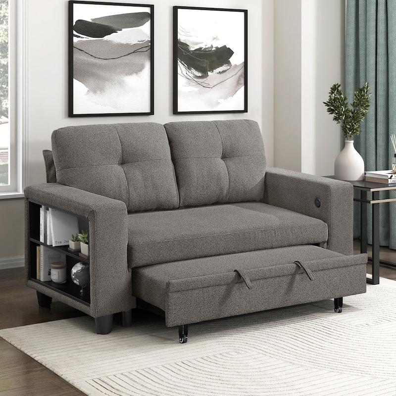 Hazel 56.5" Boucle 2-Seater Loveseat - Pull-out Bed, Shelves, USB Port