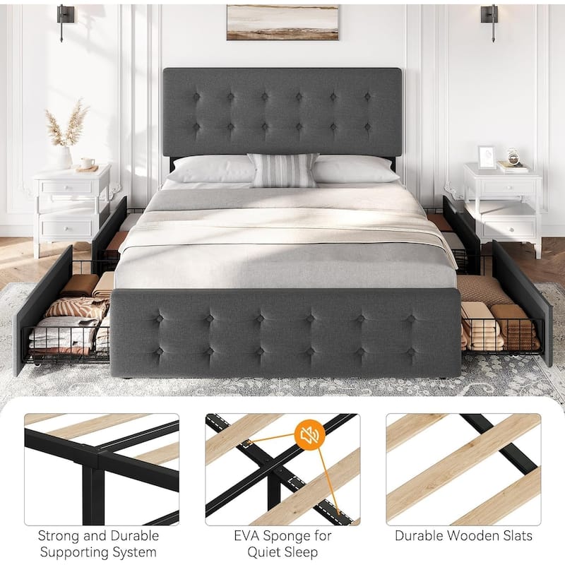 Bed Frame with Adjustable Headboard and 4 Storage Drawers